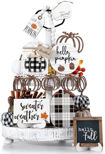 Reallnaive 18 Pcs Fall Tiered Tray Decor, Vintage Plaid Pumpkin Signs by Reallnaive