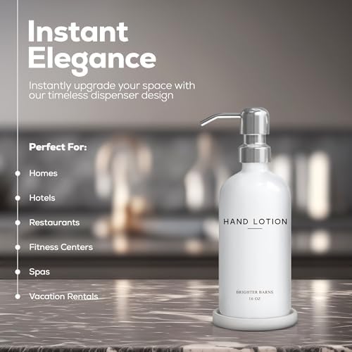 White Glass Lotion Dispenser with Pump Bathroom Set by Brighter Barns - Hand Lotion Dispenser Set with Tray - Modern Bathroom Accessories for Guest House, Hotel, Spa, Restaurant, Gym, Gifts (White) - Image 2
