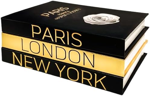 AZEZO Set of 3 Decorative Books for Home Decor – Decorative Hardcover Display Faux Books for Bookshelf and Coffee Table – Black and Gold Foiled – Paris London New York Themed by Unknown