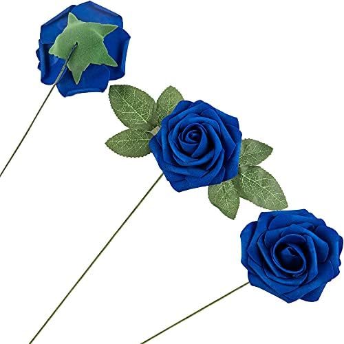 Artificial Flower Foam Rose 25pcs Real Looking Fake Rose with Stems Leaves for Home Decoration Party Garden Centerpieces DIY Wedding Bouquets（Royal Blue） - Image 3