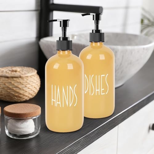 16 oz Glass Soap Dispenser with Pump, Refillable Dish Soap Dispenser for Kitchen Sink, Hand Soap and Lotion Dispenser for Bathroom Countertop, Decorative Kitchen Bathroom Accessories (Yellow) - Image 5