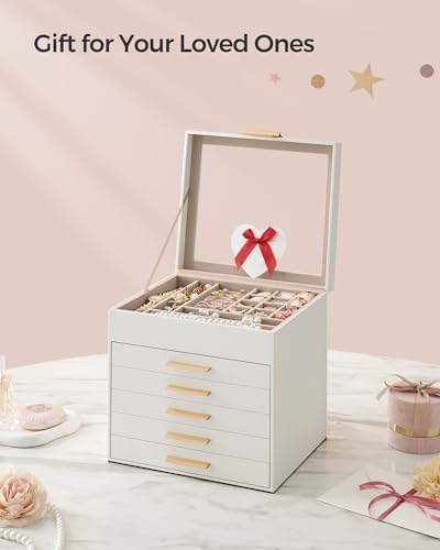 SONGMICS Jewelry Box Organizer, 6-Layer Storage with 5 Drawers, Glass Lid - Image 6