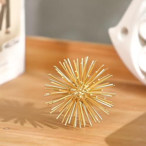 Gold Sphere Decor, Metal Gold Starburst Tabletop Sculpture Decor, Modern Metal Starburst Centerpiece, Spike Ball Decoration for Home Decor - Image 3