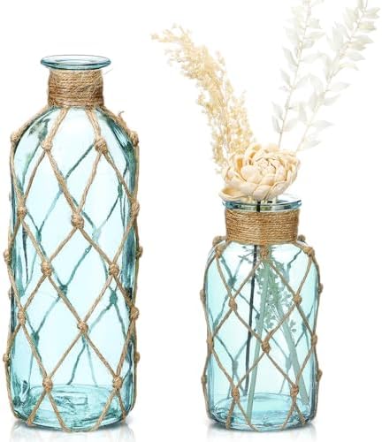 Chuangdi Set of 2 Coastal Glass Flower Vase with Boho Rope, Light Blue by Chuangdi