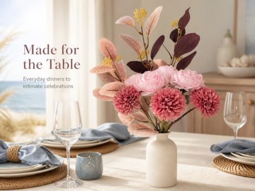 Pink Silk Artificial Flower Arrangement with Vase, Mums Peony Eucalyptus - Image 3
