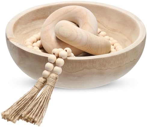 Novabright Farmhouse Wooden Bowl Set with Chain Beads, Natural by Unknown