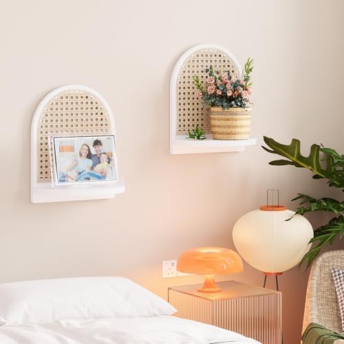 Rattan Shelf Set of 2, 7''White Rattan Shelf with Wicker Decor, Boho Wall Decor Small Floating Shelf for Plant Figurines Display, Mini Shelves for Knick Knack Storage - Image 2