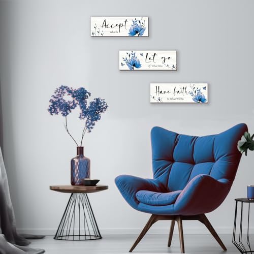 3 Pcs Blue Bathroom Decor Rustic Flower Wall Art Accept Let Go Have Faith Farmhouse Bedroom Wall Decor Wooden Inspirational Quotes Decorations for Living Room Bathroom Bedroom(Blue, 12 x 4 Inches) - Image 5