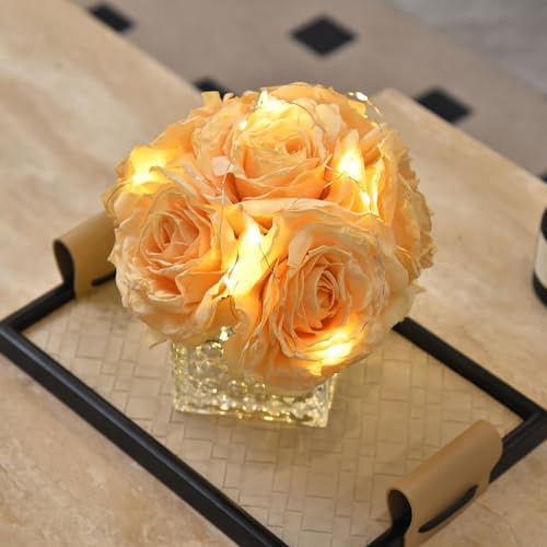 Silk Roses in Glass Vase with LED, Low Centerpiece for Table, Champagne - Image 3