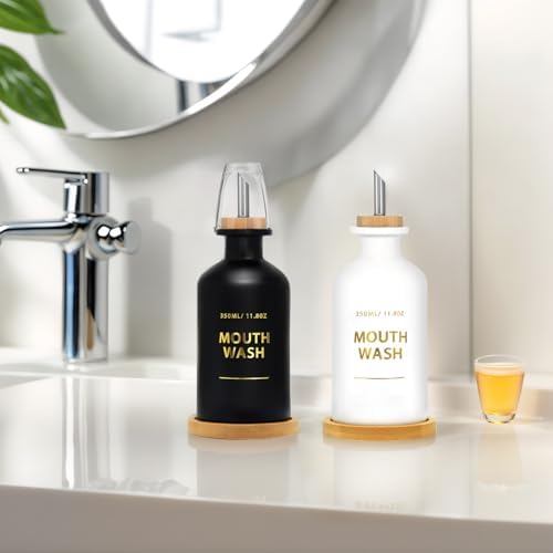 Mouthwash Dispenser for Bathroom 11.8oz – Glass Mouthwash Bottle with Cup & Bamboo Tray, Gold Hot-Stamped Lettering, Silicone Base, Modern Bathroom Accessory (Black & White, 11.8oz, 2pack) - Image 4