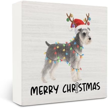 Schnauzer Merry Christmas Wooden Box Sign Desk Decor, Schnauzer Gifts, Christmas Dog Wood Block Sign for Home Bedroom Office Desk Table Shelf Wall Decorations, 5x5 Inch by OVAcational