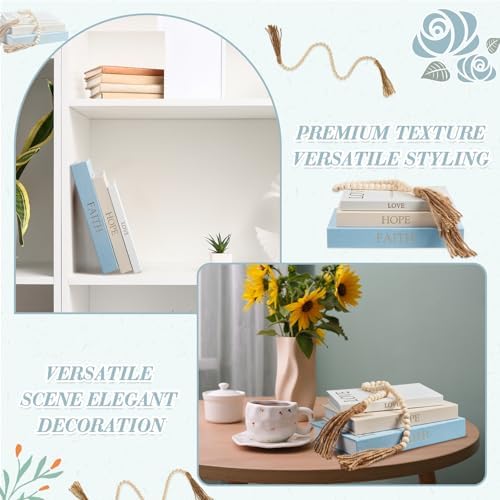 3 Set Linen Decorative Books with Beaded Garland, Classic, Light Blue - Image 5
