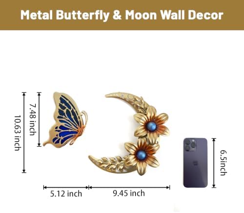LIFFY Gold Wall Decor,3D Multi-layer Metal Flower Wall Decor, Metal Butterfly Wall Decor Glass Outdoor Wall Art Sculptures and Crescent Moon Floral Art for Kitchen Bedroom Living Room Garden Patio - Image 4