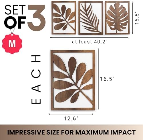 qmmp Modern Wooden Wall Sculptures - Set of 3 - Home Decor Accent - Large Wall Art for Living Room, Bedroom, Office - Easy Installation (Walnut, Medium - Tree Leaves) - Image 2