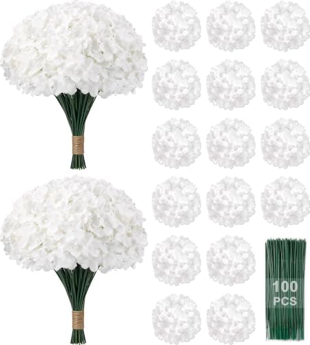100Pcs White Hydrangea Artificial Flowers Bulk,Faux Silk Hydrangea Flowers by YOGJKI