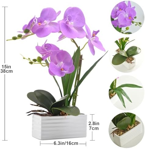 Artificial Real Touch Orchid Flowers with White Ceramic Vase, Purple - Image 3