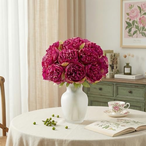 SITUMEIZI 2 Bouquet 10 Heads Artificial Peony Silk Flower Leaf Home Office Wedding Party Festival Bar Decor(Burdungy) - Image 7