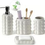 4 Piece Ceramic Bathroom Accessories Set –Soap Dispenser,Toothbrush Holder,Tumbler & Soap Dish,Includes Silicone Funnel,Non-Slip,Modern Farmhouse Countertop Organizer Set for Bathroom Decor, White by foinly