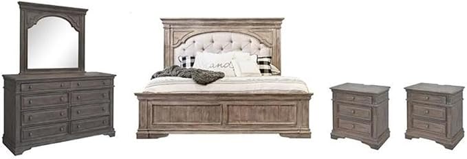 Pemberly Row King Panel Bed, Driftwood Gray Wood Frame, Upholstered Button by PEMBERLYROW