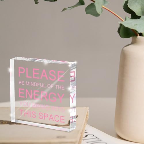 Please Be Mindful of The Energy Desk Sign - 4x4 Inch Pink Acrylic Office Decor for Women, Therapist Room Decor, Positive Workspace Sign, Calm Office Accessories & Wellness Gift - Image 4