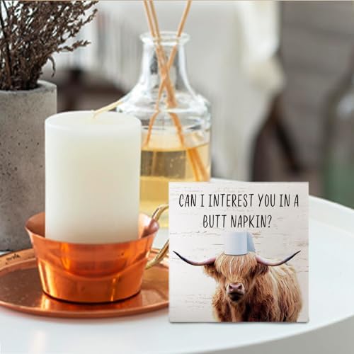 Highland Cow Bathroom Decor - Funny Bathroom Decor, Rustic Western Highland Cow Wood Sign, 5 X 5 Inches - Image 4