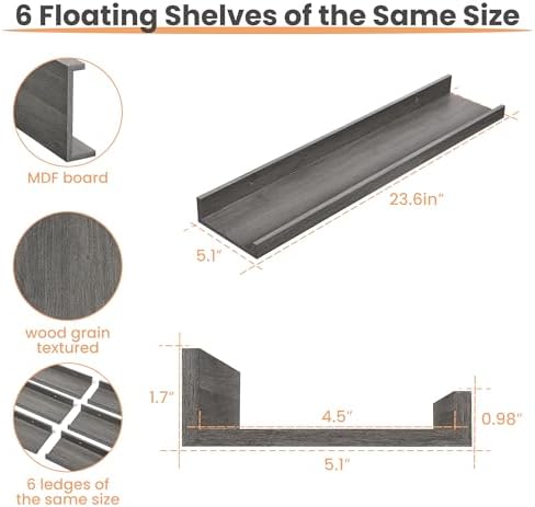 upsimples Floating Shelves for Wall Decor and Storage, Grey, 6Pcs 23.6'' - Image 3