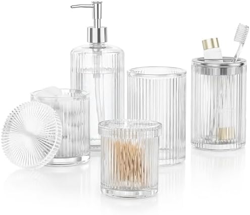 BSSN Glass Bathroom Accessories 5 Pcs, Clear Bathroom Set, Soap Dispenser, Toothbrush Holder Set, Tumber, Qtip Holder Set, Vintage Bathroom Sink Set, Cute Bathroom Decor by BSSN