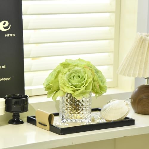 Silk Roses in Glass Vase with LED, Low Centerpiece for Table, Apple Green - Image 4