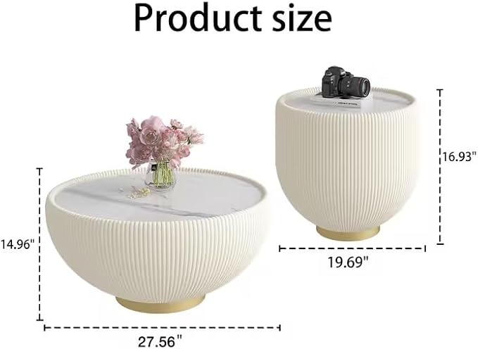 Round Marble Coffee Table Set of 2, 2 Piece White Coffee Table and End Table - Image 2