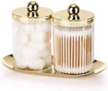 Tbestmax 2 Pack Qtip Holder with Gold Tray, 10oz Plastic Canister Apothecary Jar for Cotton Swabs, Balls, Pads, Floss Picks - Clear Bathroom Essentials Accessories Decor by Tbestmax