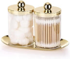 Tbestmax 2 Pack Qtip Holder with Gold Tray, 10oz Plastic Canister Apothecary Jar for Cotton Swabs, Balls, Pads, Floss Picks - Clear Bathroom Essentials Accessories Decor by Tbestmax