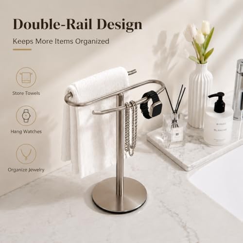 Brushed Nickel Hand Towel Holder Stand,13 Inch Tall Free-Standing Towel Rack, SUS304 Stainless Steel Towel Bar Rack Stand, Tower Bar for Bathroom Kitchen Vanity Countertop… - Image 5