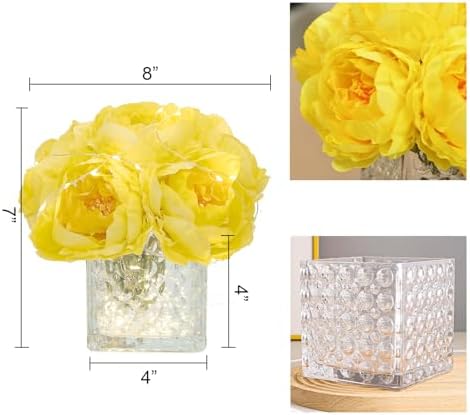 Artificial Peony Silk Flower Centerpieces with LED Light Faux Floral Arrangement in Glass Vase for Home Wedding Table Decoration (Yellow) - Image 2