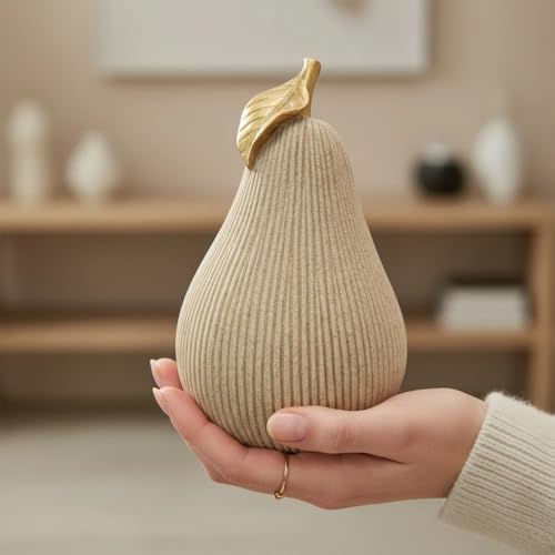 Desert Sand Pear Figurine with Gold Leaf, Textured Resin Fruit Sculpture, Minimalist Neutral Home Decor Statue for Kitchen Counter, Coffee Table & Shelf Decor - Image 4