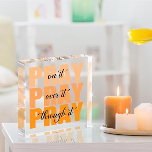 Orange Room Decor, Inspirational Christian Gifts for Women, Orange Dorm Bathroom Room Decoration, Office Decor for Women, Acrylic Office Desk Accessories Decoration Wall Art Sign - Pray through it - Image 3