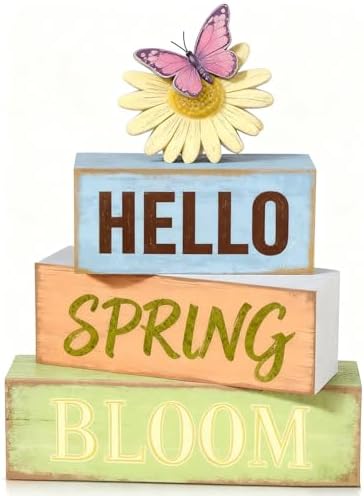 Spring Decoration Wooden Tiered Tray Decor – Rustic Hello Spring Bloom Stacked Block Sign with Butterfly Daisy Topper – Farmhouse Tabletop Spring Decor for Living Room Shelf Kitchen Coffee Bar Seasonal Home Display by Unknown