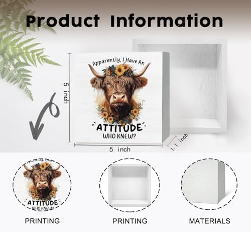 Highland Cow Sign, Farm Cottagecore Animal Office Kitchen Bedroom Decor, Apparently I Have an Attitude Who Knew Wooden Box Signs, Apparently Highland Cow Gifts for Women Men 5x5 in - Image 7