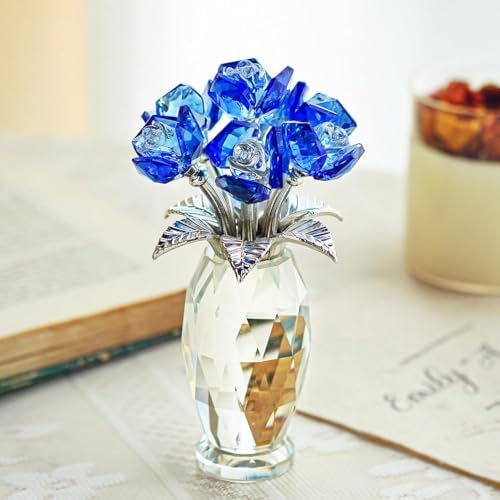 Blue Crystal Glass Rose Flower Paperweight Table Centerpiece Decor - Image 5
