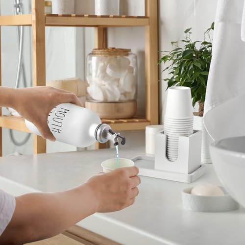 Glass Mouthwash Dispenser for Bathroom, 16 OZ Mouthwash Dispenser with Pour Spout and Wood Cup Holder and Tray, Mouth Wash Bottle Container, Farmhouse Kitchen Bathroom Decor and Accessories, White - Image 6