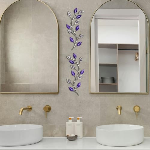 sxnzequnze 2 Set Metal Tree Leaf Wall Art for Home Decor Living Room Bedroom Dining Room Bling Rhinestone, 3D, Iron Branch Hanging Leaf Sculpture Art Pieces -Purple 16.5in*6.7in - Image 6
