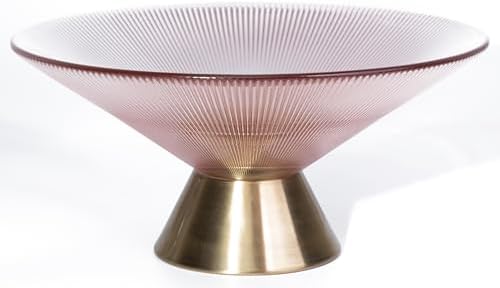 Tapered Glass Decorative Bowl(Pink) , 9.8 Inches Handblown Striped Design Glass Bowl with Rust Resistant Metal Base,Decorative Fruit Bowl for Home Decor,Table Centerpiece,Kitchen Island,Dining Decor by Unknown