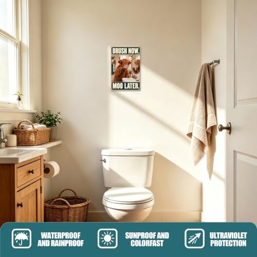 Brush Now Moo Later Highland Cow Tin Sign Rustic Bathroom Decor - Image 2