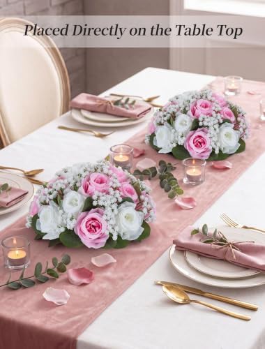 BLOSMON Fake Flowers Ball Centerpieces: 2 Pcs, Pink White Rose Babys Breath - Image 2