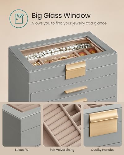 SONGMICS Jewelry Box Organizer, 6-Layer Storage with 5 Drawers, Glass Lid - Image 4