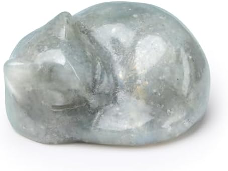 QINJIEJIE Cat Decor Statue White Labradorite Crystal Healing Stone Figurine by QINJIEJIE