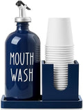 Glass Mouthwash Dispenser for Bathroom, 16 OZ Mouthwash Dispenser with Pour Spout and Wood Cup Holder and Tray, Mouth Wash Bottle Container, Farmhouse Kitchen Bathroom Decor and Accessories, Navy Blue by Bivvclaz
