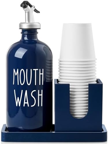 Glass Mouthwash Dispenser for Bathroom, 16 OZ Mouthwash Dispenser with Pour Spout and Wood Cup Holder and Tray, Mouth Wash Bottle Container, Farmhouse Kitchen Bathroom Decor and Accessories, Navy Blue by Bivvclaz
