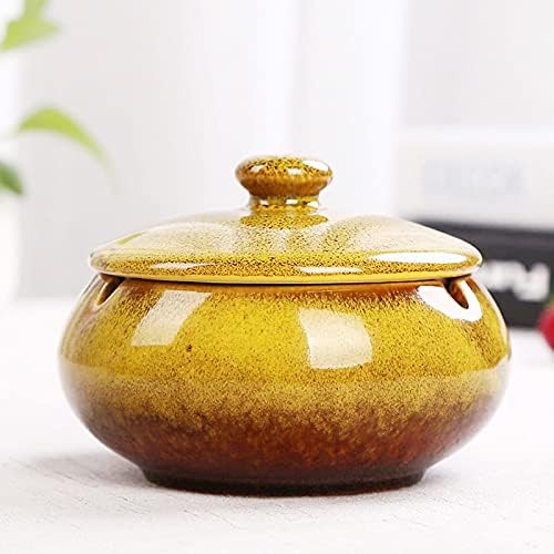 Lependor Ceramic Ashtray with Lids, Windproof, Cigarette Ashtray for Indoor or Outdoor Use，Ash Holder for Smokers,Desktop Smoking Ash Tray for Home Office Decoration - Yellow - Image 2