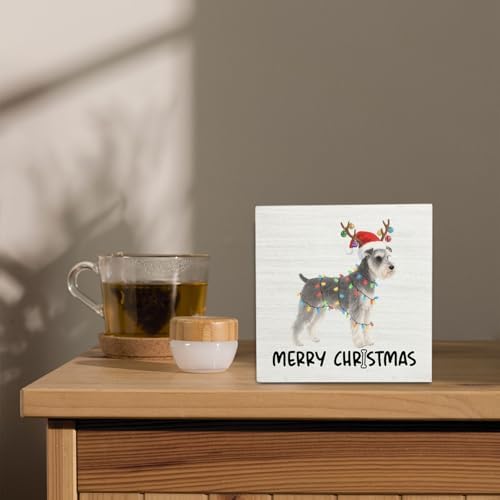 Schnauzer Merry Christmas Wooden Box Sign Desk Decor, Schnauzer Gifts, Christmas Dog Wood Block Sign for Home Bedroom Office Desk Table Shelf Wall Decorations, 5x5 Inch - Image 4