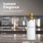 Luxury Glass Hand Soap Dispenser Bathroom Set by Brighter Barns - Hand Soap Dispenser with Stainless Steel Pump - Glass Bottle with Round Tray - White and Gold Bathroom Decor & Accessories (Gold) - Image 2